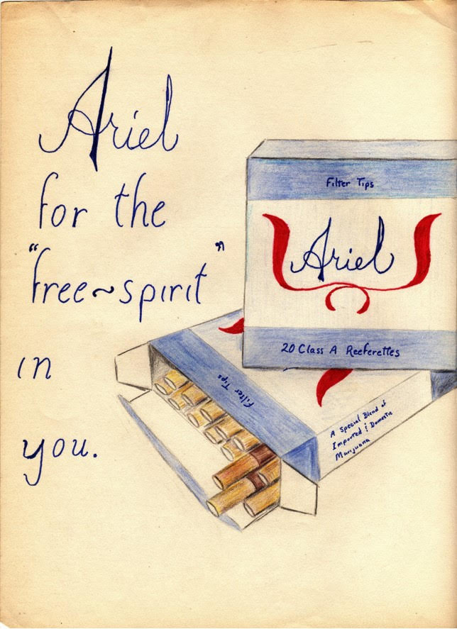 A hand drawn idea for an Ariel ad campaign with the words "Ariel for the 'free-spirit' in you." next to an open pack of cigarettes.